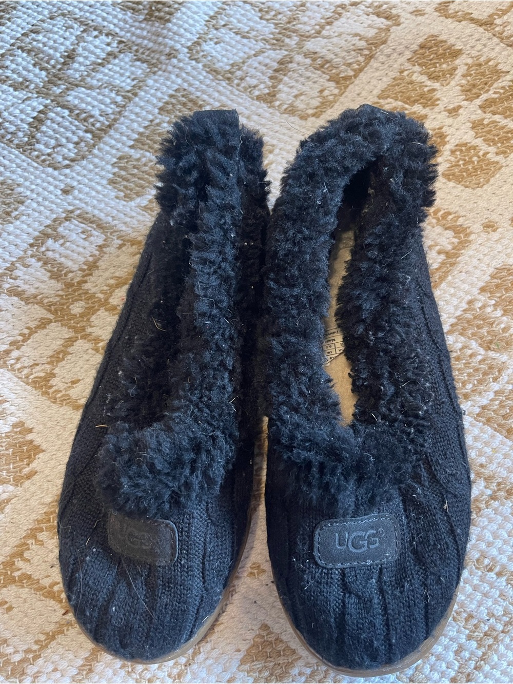 UGG Black Knit Shearling-Trim Ballet Slippers